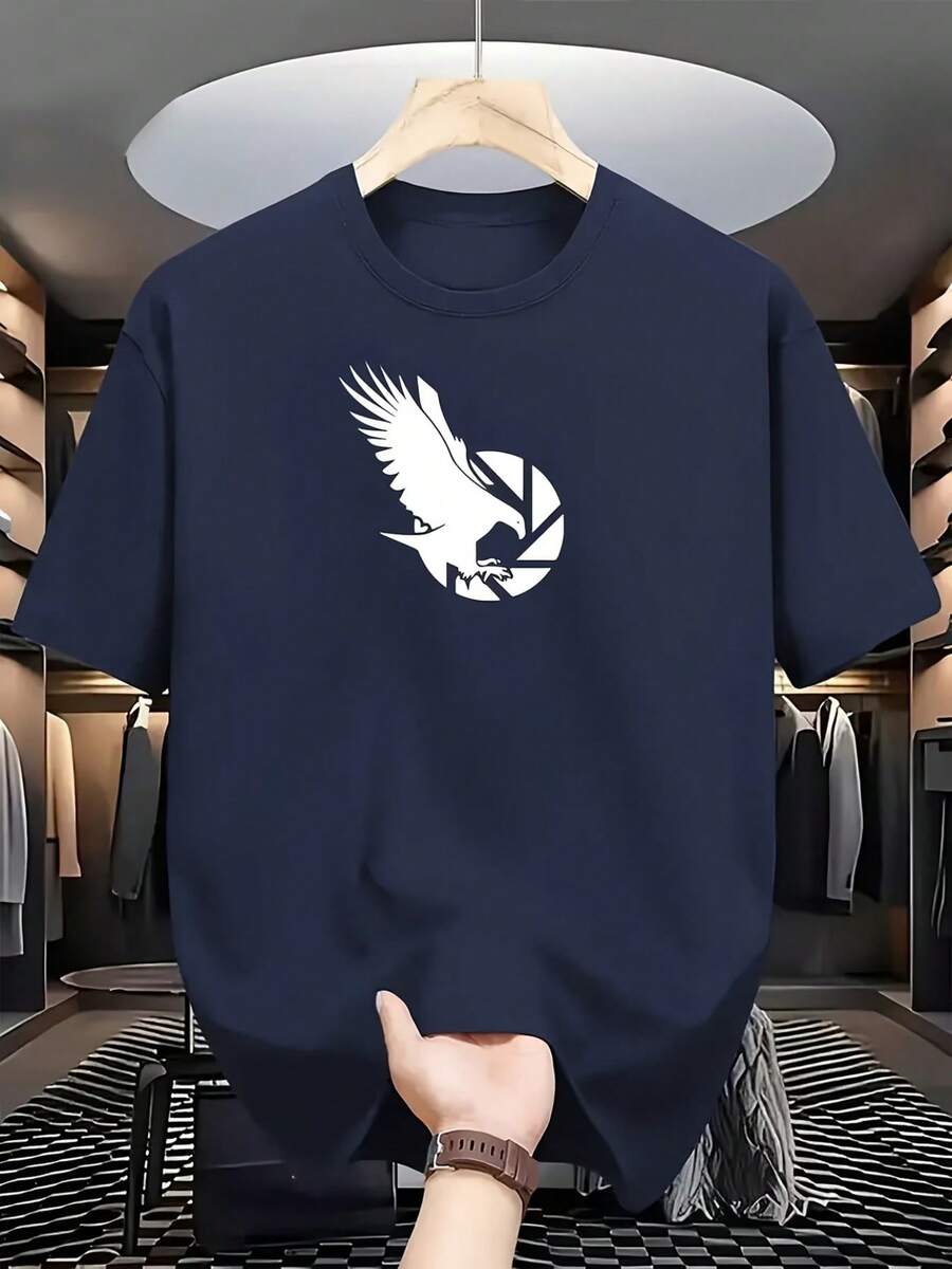 New Versatile And Stylish Short-Sleeved Casual T-Shirt Made Of 100% Cotton With A Printed Design - Modern Men's T-Shirt With An Eagle Print And Geometric Pattern - Breathable Black And White Casual T-Shirt For Fitness, Office, And Everyday Wear - Crew Neck T-Shirt With A White Eagle Emblem, Machine Washable, Makes A Great Gift For Men - Unisex Style. - 藏青色 - 查看 1