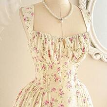 xuehuamaoyi02  Vestido elegante vintage de mujer con bolsillos, con Body fruncido con estampado floral diminuto, tirantes de espagueti, vestido casual para fiesta, vacaciones y verano, vestidos de verano para mujer, vestido de graduación, vestido de cumpleaños, vestido de boda para invitada, vestido de primavera para mujer, vestido de vacaciones para mujer - Rosa Fucsia - Ver 4