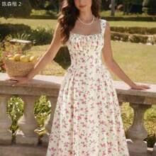 xuehuamaoyi02  Vestido elegante vintage de mujer con bolsillos, con Body fruncido con estampado floral diminuto, tirantes de espagueti, vestido casual para fiesta, vacaciones y verano, vestidos de verano para mujer, vestido de graduación, vestido de cumpleaños, vestido de boda para invitada, vestido de primavera para mujer, vestido de vacaciones para mujer - Rosa Fucsia - Ver 1