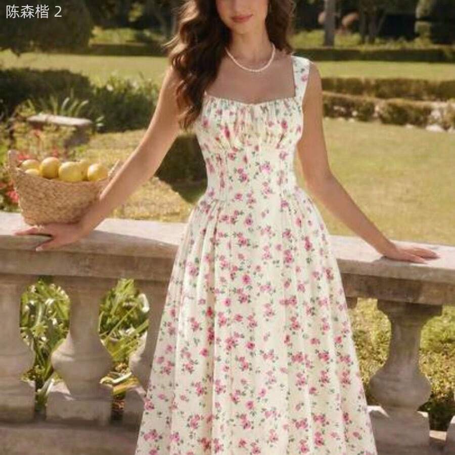 xuehuamaoyi02  Vestido elegante vintage de mujer con bolsillos, con Body fruncido con estampado floral diminuto, tirantes de espagueti, vestido casual para fiesta, vacaciones y verano, vestidos de verano para mujer, vestido de graduación, vestido de cumpleaños, vestido de boda para invitada, vestido de primavera para mujer, vestido de vacaciones para mujer - Rosa Fucsia - Ver 1