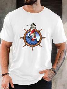 T-shirt à manches courtes en pur coton pour hommes, col rond, décontracté, respirant, imprimé phare nautique et roue de navire, cadeau de Noël, cadeau de la fête des pères, cadeau de vacances pour lui, mode d'été, port quotidien, tissu confortable et doux, idée de cadeau de vacances européen, cadeau d'anniversaire pour hommes, tenue de vacances, léger et facile à assortir - Blanc - Voir 6
