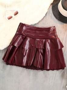 Women's High Waist Mini Skirt - Solid With Lace Details, H-Line Silhouette And Flared A-Line Hem, Structured Mini Skirt Without Belt, Ideal For Spring, Summer And Autumn. Casual Or Elegant Wear (Office, Party, Wedding) - 酒紅色 - 查看 1