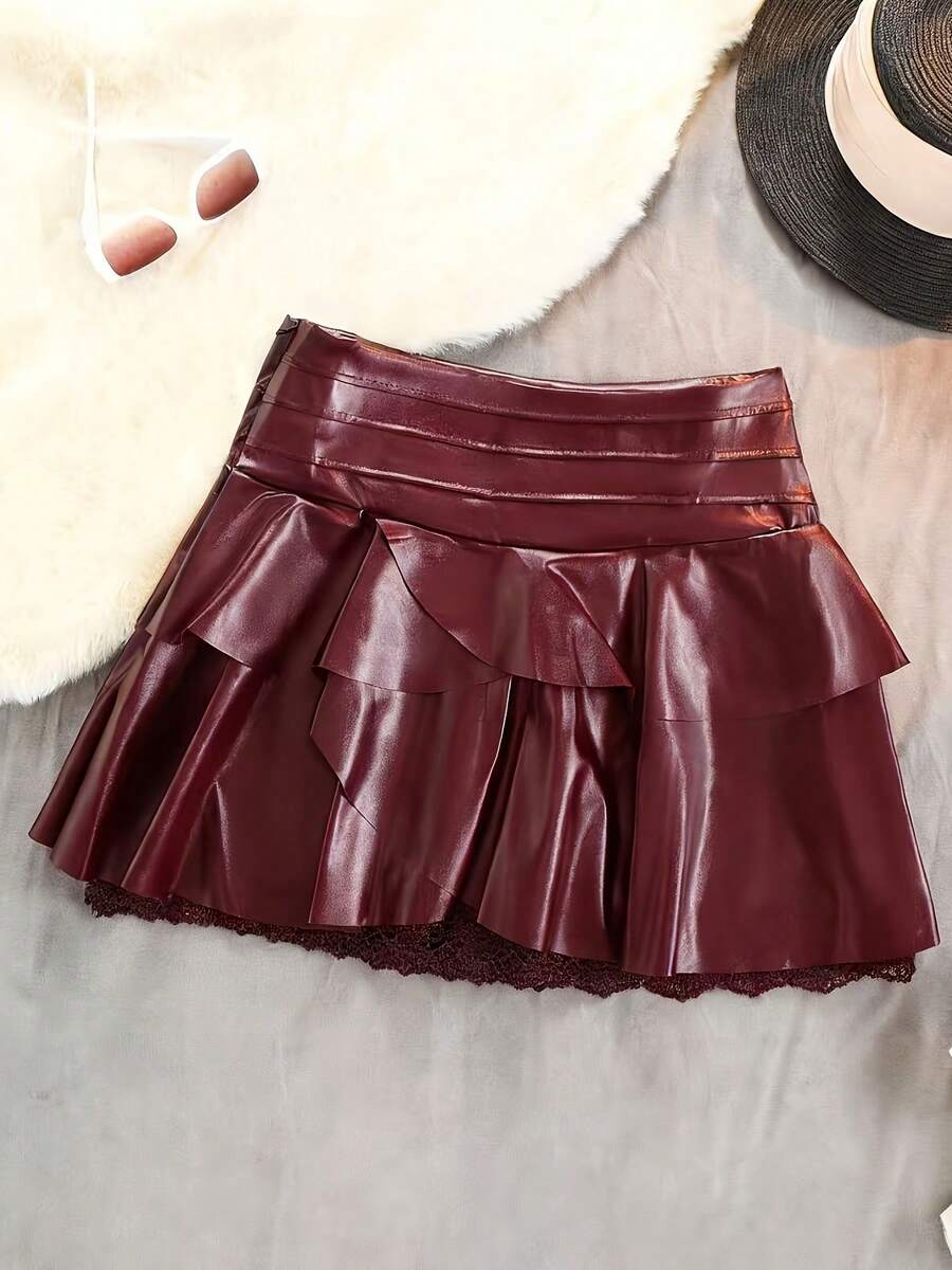 Women's High Waist Mini Skirt - Solid With Lace Details, H-Line Silhouette And Flared A-Line Hem, Structured Mini Skirt Without Belt, Ideal For Spring, Summer And Autumn. Casual Or Elegant Wear (Office, Party, Wedding) - 酒紅色 - 查看 1