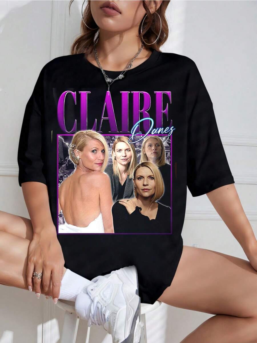 New For 2026: Claire Danes Unisex T-Shirt, Available In Plus Sizes, Vintage Bootleg Style From The 90s, Item Dedicated To Fans Of The Homeland Television Series, Retro Casual Top With Grunge Aesthetic. - 黑色 - 查看 1