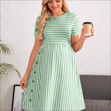 WNST
  Vestido casual de maternidad de manga corta con rayas, para verano - Verde - Ver 1