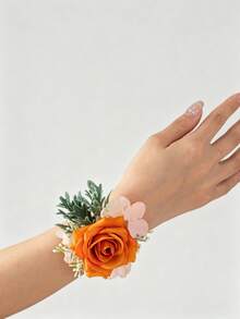 1 pièce/2 pièces Rose orange avec hortensia bordeaux et gypsophile blanc, style Mori, corsage élégant et fleur de poignet, convient pour le marié, la mariée, les garçons d'honneur et les demoiselles d'honneur - orange - Voir 3