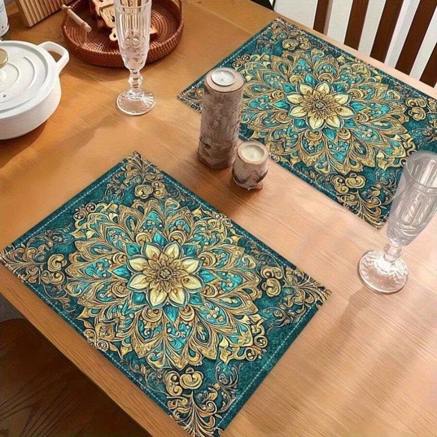 1/2/4/6/8入 藍綠金曼陀羅印花餐墊，18"*12"(45*30cm)，2款華麗花卉與大理石花卉設計，100%聚酯纖維防水防污耐熱可機洗餐桌墊，適用於居家、餐廳、B&B