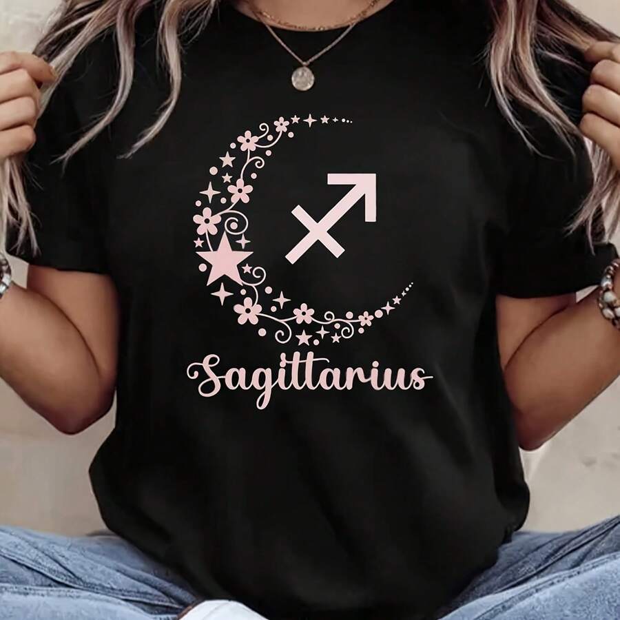 Ladagittars Moon Stars Arrow Pattern Plus Size Pattern Prinrew Neck Short Sve T-Shirt Birthday Gift, Astrology Enthusiast Leisure Comfortable Breathable Pure Cotton T-Shirt 0g - Negro - Ver 1