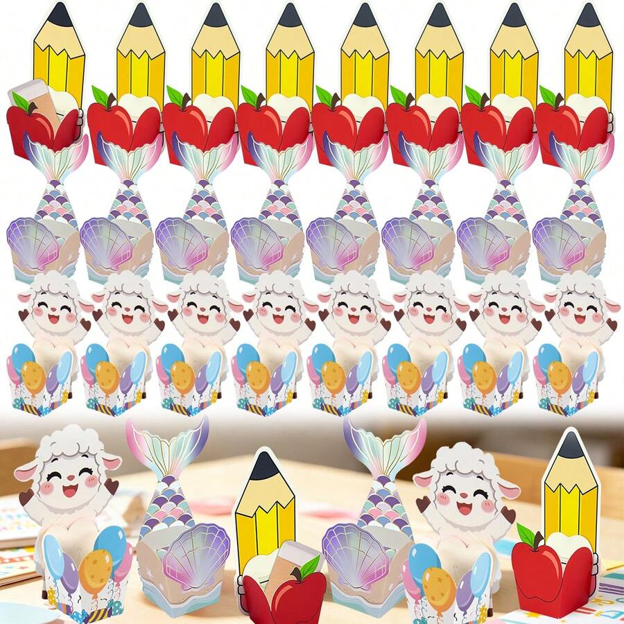 10Set(10Cajas+10Tarjetas) Cajas de regalo de dibujos animados con forma de lápiz y manzana, cajas de regalo de papel con diseño de concha de sirena, cajas de golosinas con diseño de oveja y globo, mini cajas de envoltura de regalo para cumpleaños de verano, baby shower, vuelta al colegio y recuerdos de fiesta - Caja de regalo - Ver 1