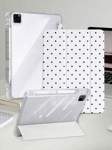 波點白色平板保護殼，相容 iPad Mini6/Mini7/Air/Air2/9.7/10.2/10.5/10.9 (Air4-Air8)/Pro 11/10th Gen/A16/Pro 11 2024 機型，彩繪圖案平板保護殼配透明壓克力背殼，三折支架，自動休眠/喚醒，內建筆槽，不含筆，部分機型附相機框 - 黑與白 - 查看 2