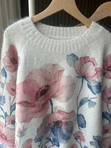 Suéter de punto de manga larga estampado para mujer, ajuste regular, dobladillo de punto acanalado, elasticidad media, adecuado para uso en otoño/invierno, rosa vacaciones - Rosa - Ver 7