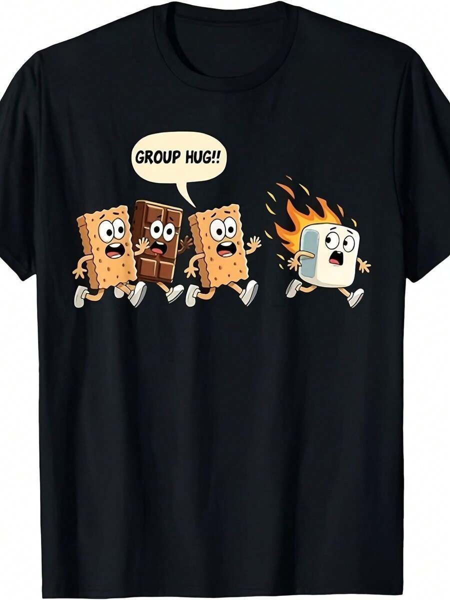 Camiseta unisex, camiseta negra para hombre con estampado de dibujos animados de un abrazo de grupo, divertidos galletas Graham sonrientes y burbuja de diálogo de chocolate con la frase "¡ABRACE DE GRUPO!".Camiseta casual con estampado de Drama Marshmallow Running Away Fire, blusas para mujer, playeras de mujer, blusa, playeras, tela ligera y transpirable, moderna y linda, ropa casual diaria, vacaciones de verano, ropa casual.Tela ligera y transpirable, moderna y atractiva, ropa casual diaria, ideal para vacaciones de verano, ropa informal. - Negro - Ver 1
