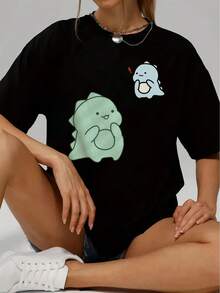 Women's Casual Short Sleeve T-Shirt, 1 Piece, 100% Thick Cotton - Comfortable Round Neck, Soft And Pretty Top - 黑色 - 查看 3