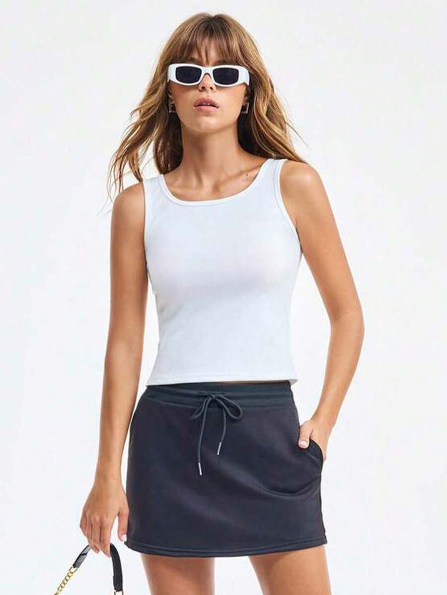 Loungeista White Tank Top For Women, Spring/Summer New Wide Shoulder Sleeveless U-Neck Fashionable Undershirt, Casual Camisole, Workout - White - View 1