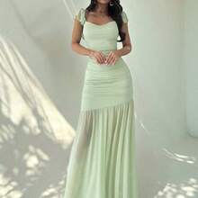 Vestido ajustado de mujer con volantes, cintura anudada y malla verde elegante, adecuado para fiestas, vacaciones, festivales de música, temporada de bodas, brunch, Día de San Patricio, vestidos largos bohemios para mujeres, Fairycore, atuendos de vacaciones, vestidos de graduación, atuendos de playa, atuendos de aeropuerto AG - Verde - Ver 2