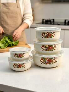5PCS Enamel Multi-Function Bowl Set, Suitable For Vegetables, Fruits, Salads, Oatmeal Preparation, Suitable For Home Kitchen, Outdoor Camping, Can Be Put In Refrigerator As Fresh-Keeping Bowl, Stackable Storage Bowl With Lid, Back To School Gift - Retro Multi-colored Bowl - View 10