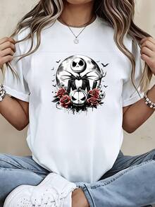Disney Women Casual T Shirt  Black Jack Skellington And Roses Print For Halloween Party And Daily Wear - 白色 - 查看 1