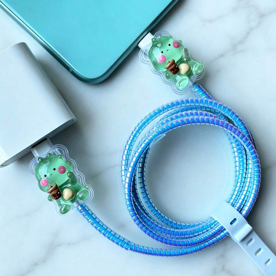 Type-C 充電線保護套,耐用充電線保護套,可愛設計,防刮防纏繞,適用於 iPhone 11/12/13/14/15/16/17 Pro Max - 綠色 - 查看 1