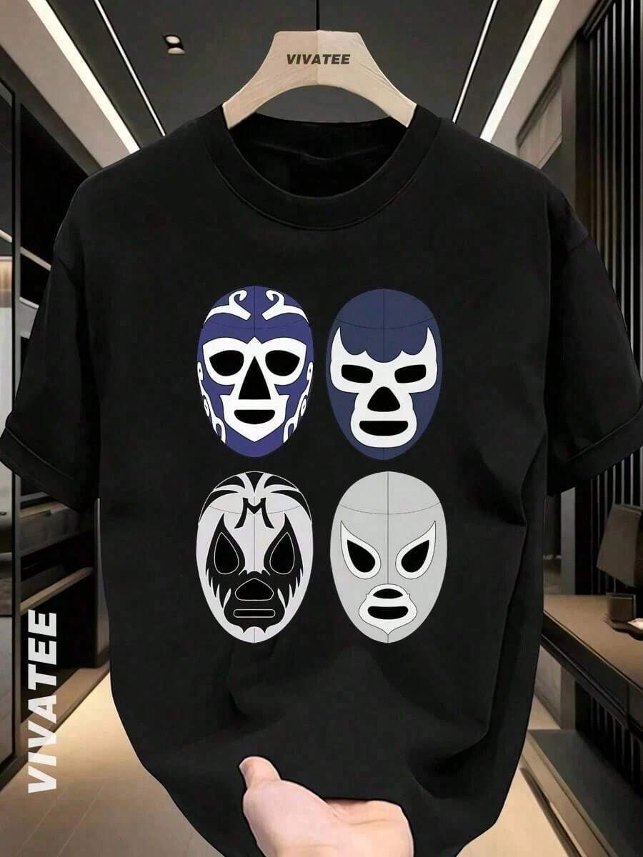 Camiseta de color negro puro con estampados de máscara de lucha libre para uso diario casual, estilo unisex 100% algodón, regalo perfecto para el verano 2025, ideal para streetwear y uso dia - Negro - Ver 1