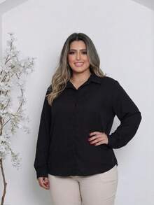 Women's Plus Size Plain Collared Dress Shirt With Long Sleeves - 黑色 - 查看 3