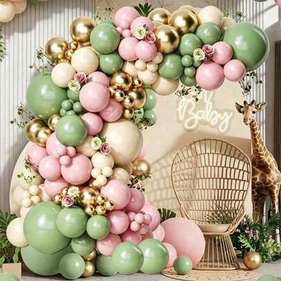 132pcs Jungle Forest Theme Party Balloon Garland Set - Olive Green, Pink, White With Gold Accents, Suitable For Birthdays, Kids Parties And Other Occasions