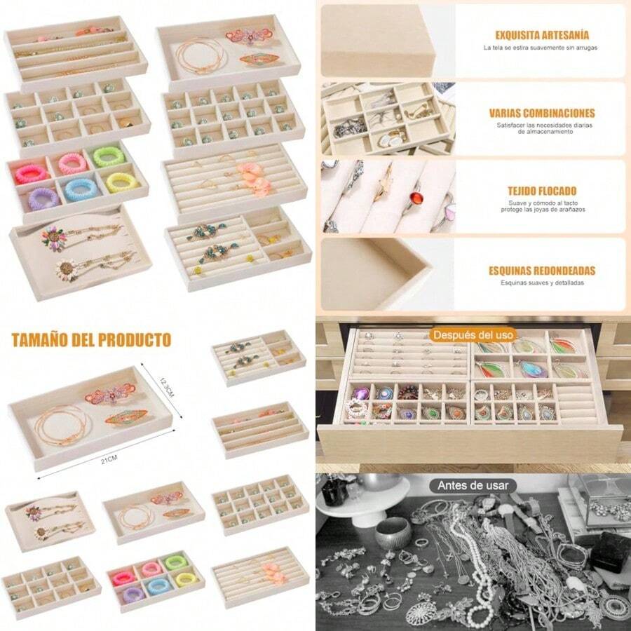 Caja de Almacenamiento de Joyería Bandeja de Joyería de Terciopelo Multifuncionales Caja Para Cajones Bandejas Apilables Para Collares Aretes Pulseras Anillos - Beis - Ver 1