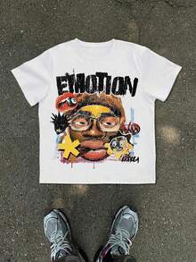 Men's New T-Shirt, Millennium Futurism Apparel Graphic, White Crew Neck Short-Sleeve Style, Featuring Graffiti Distressed Print Design With - White - View 1