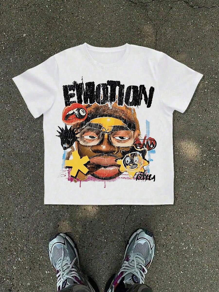 Men's New T-Shirt, Millennium Futurism Apparel Graphic, White Crew Neck Short-Sleeve Style, Featuring Graffiti Distressed Print Design With - White - View 1