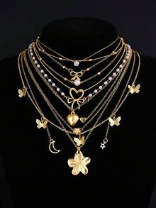 Random 3-24pcs Faux Pearl Star Moon Heart Flower Butterfly Starfish Shell Bow Cross Geometric Layered Necklace Set - Yellow Gold - View 9
