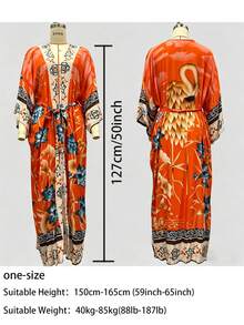 1 Piece Of Flower-Printed Elegant Fabric Belted Ladies' Home Robe, Suitable For Wearing On The Beach And At Home, Suitable For All Seasons. - 橘色 - 查看 9