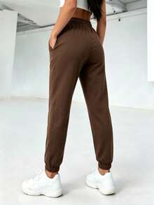 Straight-Leg Trousers With Elastic Waistband And Drawstring, Pleated, Solid Color, For Everyday Casual Wear, Spring/Summer - Coffee Brown - View 2