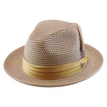 Men's Straw Fedora Hat With Satin Band & Feather, Breathable Woven Summer Casual Sun Hat For Beach And Daily Wear Father's Day Gifts - Olive Green - View 2