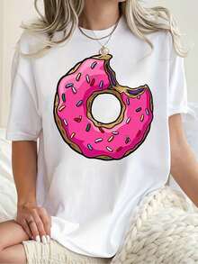 Women's Plus Size T-Shirt With 2026 Print, Short Sleeve T-Shirt With Donut Hole Print - Casual Summer Blouse With Round Neck, Medium Stretch Fabric (Machine Washable) - Comfortable Top For Layering Or Casual Outfits - Not A Casual Or Relaxation T-Shirt - In Stock, Suitable For Daily Wear, Valentine's Day And Easter Gifts - 白色 - 查看 1