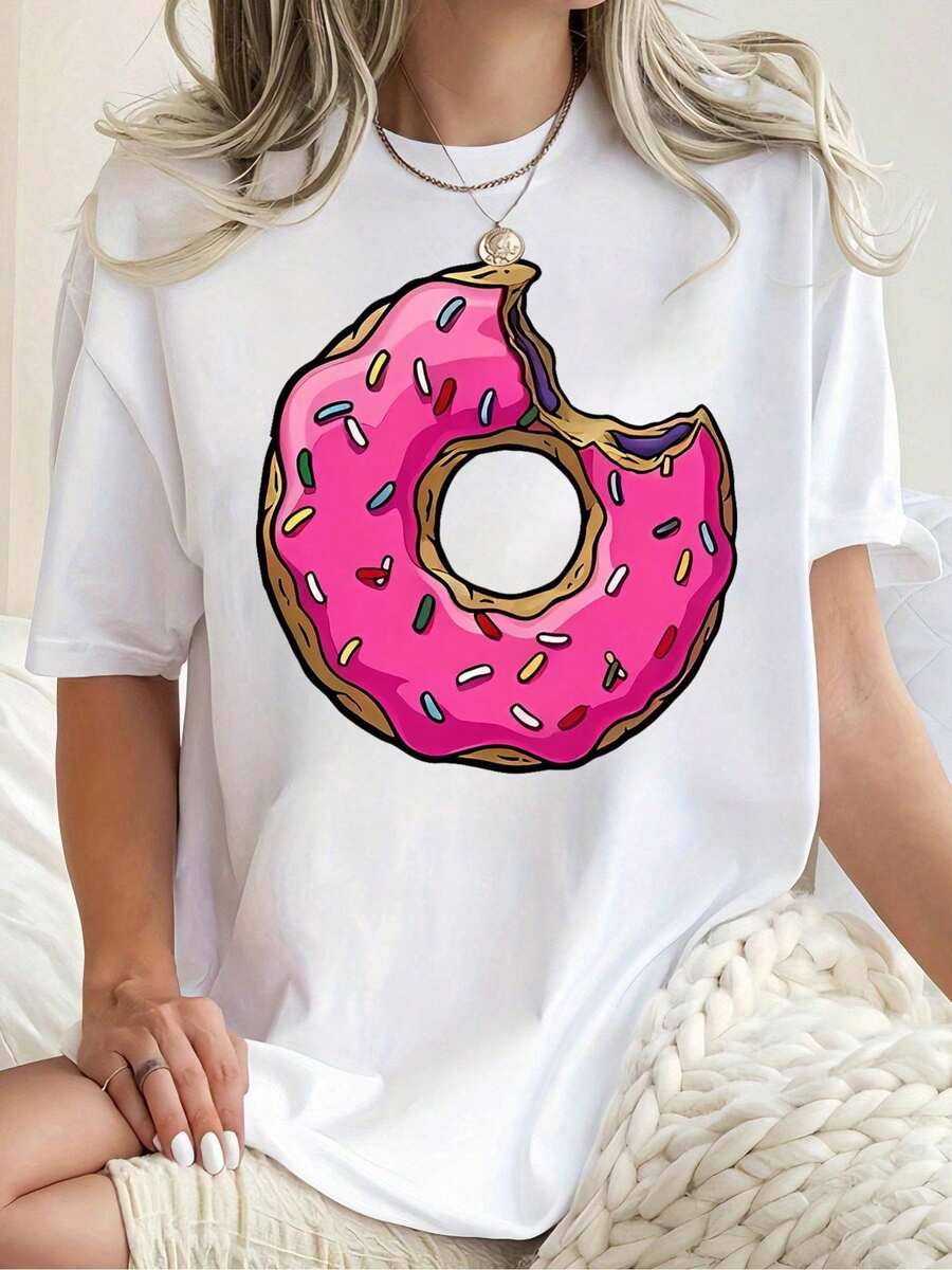 Women's Plus Size T-Shirt With 2026 Print, Short Sleeve T-Shirt With Donut Hole Print - Casual Summer Blouse With Round Neck, Medium Stretch Fabric (Machine Washable) - Comfortable Top For Layering Or Casual Outfits - Not A Casual Or Relaxation T-Shirt - In Stock, Suitable For Daily Wear, Valentine's Day And Easter Gifts - 白色 - 查看 1