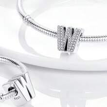 1pc S925 Sterling Silver 26 Letter Bead, Featuring Original 3D Rhinestone Design. This Versatile Letter Spacer Bead Is Suitable For Bracelets And Necklaces. Customize Your Own Initial Jewelry To Showcase Your Unique Style, Perfect For Handmade Crafts Or Daily Wear. - Silver - View 11