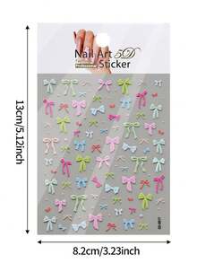 1 Sheet 5D Embossed Colorful Bow Nail Stickers Self-Adhesive Cute Bowknot Nail Art Decals, Pastel Macaron Ribbon Bow Nail Decorations For DIY Manicure Accessories - 彩色 - 查看 8