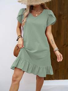 Vestido de Mujer con Cuello en V, Mangas de Concha y Volantes - Gris azul - Ver 1