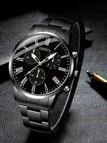 3pcs Fashionable And Versatile Men's Steel Strap Quartz Watch, Paired With Lion Crown Bead Bracelet Set, Suitable For Business, Parties, And Daily Wear, The Best Gift For Men. - Multicolor - View 2