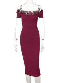 New Ribbed Long Dress With Boat Neck - Burgundy - View 3