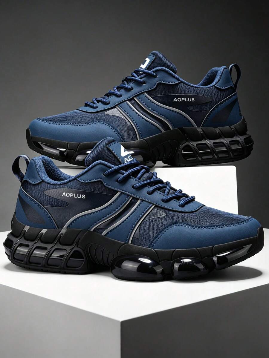 Men's Sports Shoes 2026 Newest All-Black Thick Sole Chunky Sneakers Height-Increasing Shock-Absorbing Breathable Mesh Athletic Shoes Streetwear Versatile Men's Shoes Leather PU Mesh Splicing Marathon Running Shoes Men's Plus Size 46 Shoes Youth Handsome Men's Shoes - Royal Blue - View 1