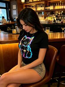 Women's Blouses, Women's Tops, Women's T-Shirts, Women's Tops, Women's Round Neck Short Sleeve T-Shirt Neon Kitten Print Multicolor Casual - 黑色 - 查看 2