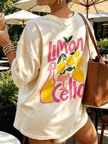Camiseta holgada con estampado de limones de estilo italiano sureño, tema de limoncello de manga corta, ambiente de vacaciones relajantes de la de Amalfi, casual de verano - Albaricoque - Ver 1