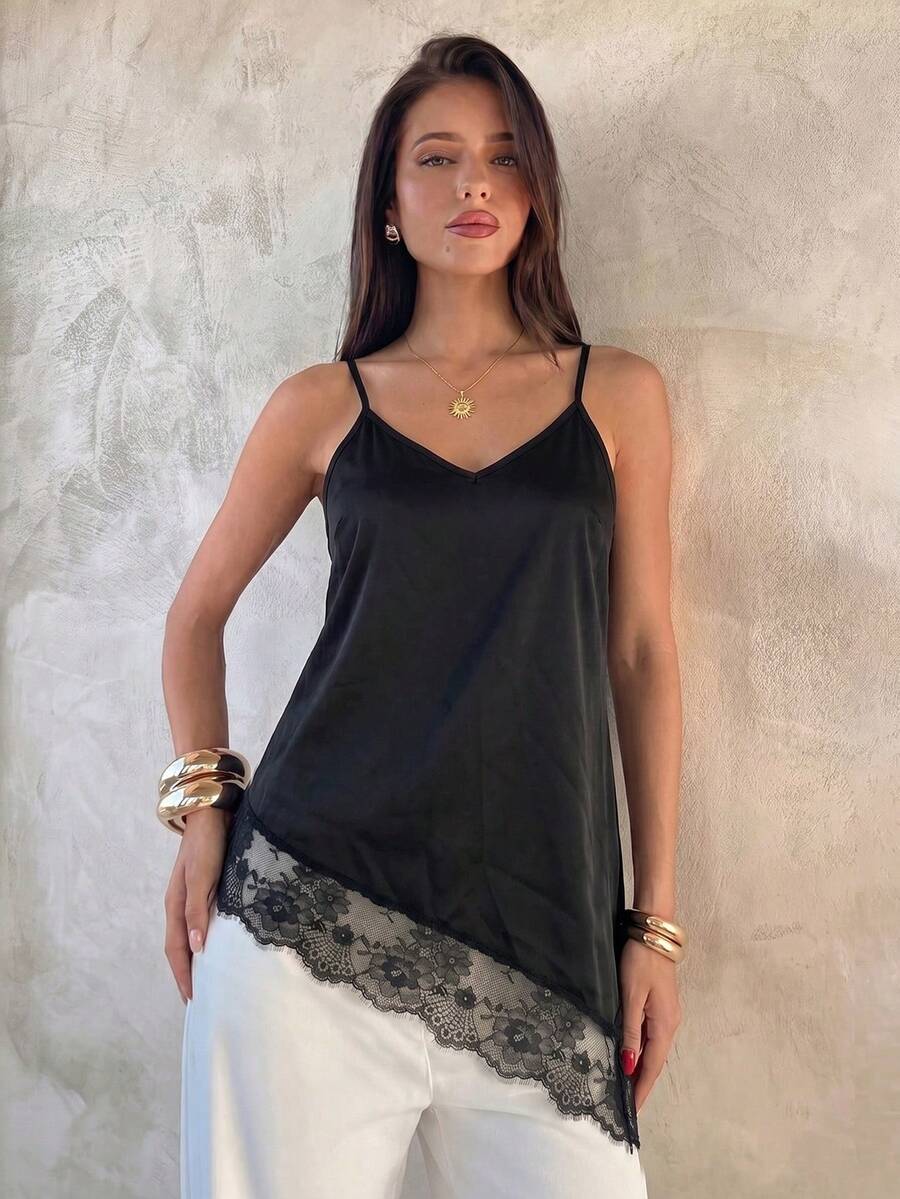 Elegant Fashion Lace Patchwork Adjustable Strap Asymmetric Women's Camisole, New Arrival Spring/Summer - Black - View 1