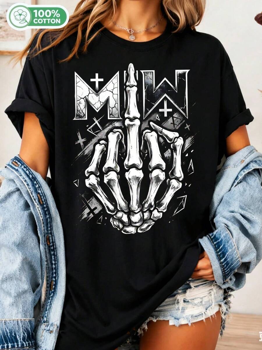 Vintage Motionless In White Shirt, MIW Metal Rock Band T-Shirt, Gothic Rock Merchandise, Skeleton Hand With Middles Finger Design, Unisex Rocker Clothing - Black - View 1