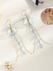 1 Pair Women's Jellyfish Pendant Earrings, Cute Ocean Theme Crystal Tassel Earrings, Summer Beach Accessories - Baby Blue - View 3
