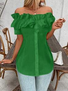 Talla Grande - Talla Grande - Camiseta de Mujer de Talla Grande, Color Sólido, Volantes y Hombros Descubiertos, Manga Corta - Verde - Ver 3