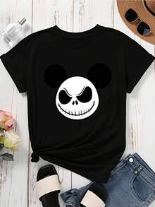 Disney Mickey Mouse Jack Skellington  T Shirt Black Halloween Costume Party Casual Wear For Women And Men - 黑色 - 查看 3