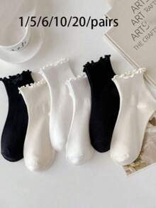 6 Pairs Japanese Style Frill Trim Short Socks, Cute Fresh Wood Frill Trim Women's Socks - Multicolor - View 15