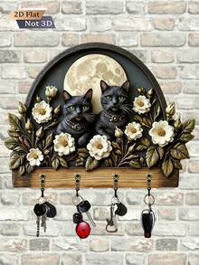 Black Cat Theme Wooden Key Holder, Multi-Functional Wooden Home Decor Wall-Mounted Key Storage Rack, Creative Cat-Shaped Storage Shelf, Entryway Hook, Wall Decor, Porch Decor, Room Decor, Villa Decor, All-Season Home Decor, 2D Flat Design, 1pc - Two Black Cats - View 1