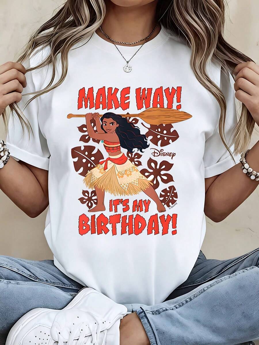 Disney Short Sleeve T Shirt Black Moana Character With Make Way Its My Birthday Text Design For Birthday Celebration - White - View 1
